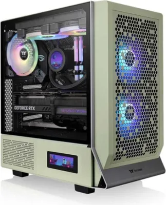 A computer tower case with internal components visible, illuminated by RGB lighting.