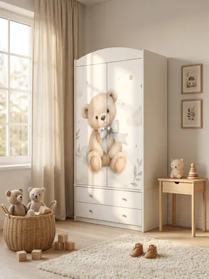 Immagine prodotto di Armadio per bambini grande, bianco, con cassetti e asta appendiabiti, 88x187 cm; armadio per bambini moderno a 2 ante, con adesivi colorati e orsacchiotto,