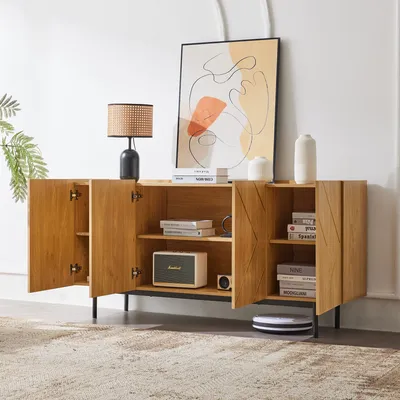 Produktbild von STILVORA Beistellschrank mit 4 Türen und Metall Sideboard Wohnzimmer mit mehreren Stauraumfächern Standschrank Naturholz,Natur