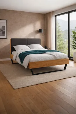 Produktbild von Doppelbett Eiche Balkenbett 140x200 gepolstertes Bettkopfteil #4470