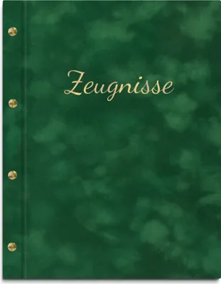 Produktbild von Zeugnismappe in grünem Samteinband mit hochwertiger Beschriftung in gold – handgefertigte Mappe für Zeugnisse inkl. 12 Sichthüllen