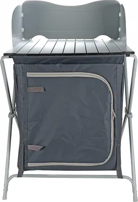 Produktbild von Campingschrank faltbar, Arbeitsfläche aus Aluminium, innen 2 Regale, Faltschrank Größe ca. 69 x 98,5 x 63 cm, Tür mit Reißverschluss, 2 Netzfenster, Tragetasche