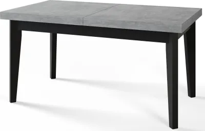A modern dining table with a gray tabletop and black legs, shown from a slight angle against a white background.
