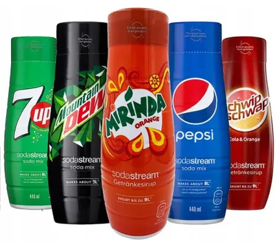 Image de Kit de sirops SodaStream : 5 bouteilles de 440 ml contenant Pepsi, 7UP, Mirinda, Schwip et Schwap Dew
