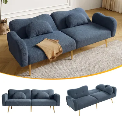 Produktbild von Fortuna Lai [Schlaffunktion]Zweisitzer-Sofabett - Modernes Zweisitzersofa mit verstellbarer Rückenlehne + vergoldeten Metallfüßen, integrierter Bettfunktion. Multifunktionales 2-in-1-Möbelstück.