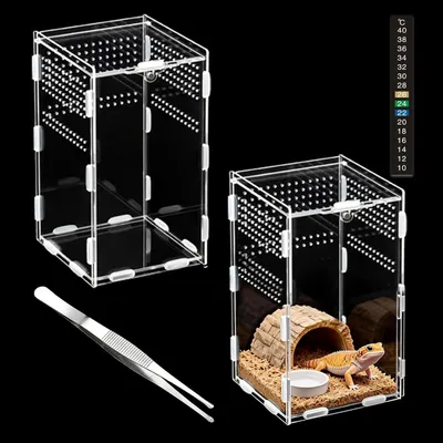 Imagen del producto de Terrario para reptiles de acrílico transparente, de 20x12x12 cm, con termómetro, ideal para reptiles