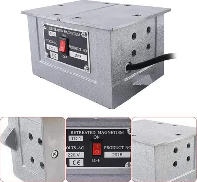 A close-up view of a demagnetizer device with a label showing its specifications and an on/off switch.
