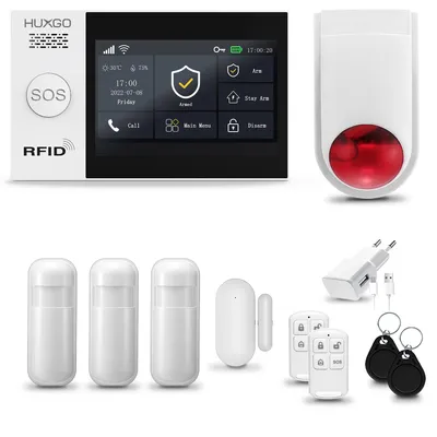 Immagine prodotto di HUXGO HXA007 Sistema di allarme per la casa, WiFi + GSM 4G, con sirena wireless. Sistema di allarme dotato di 3 sensori di movimento e 1 sensore per porte e finestre, compatibile con l'app Tuya Smartlife