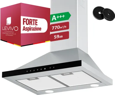 Immagine prodotto di LEVIVO A+++ cofano aspirante 60cm ricircolo e scarico dell'aria con prestazioni d'aria di 770 m³/h, cofano aspirante con 2 filtri a carboni attivi, 2 filtri antigrasso, 3 livelli e booster