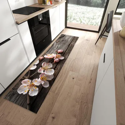 Produktbild von Küchenläufer 60 x 240 cm Braun rutschfest & waschbar – Küchenteppich Blüten auf Grauholz PVC Teppichläufer Küche