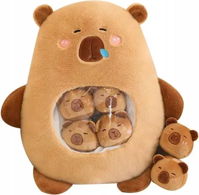 A plush toy bear with a pouch containing smaller plush toys.