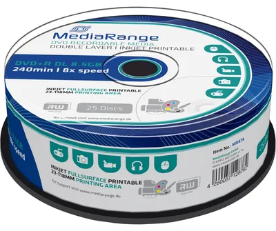 Image de MediaRange - 25 x DVD+R DL - 8.5 Go (240 min.) 8x - blanc - surface imprimable par jet d'encre - broche