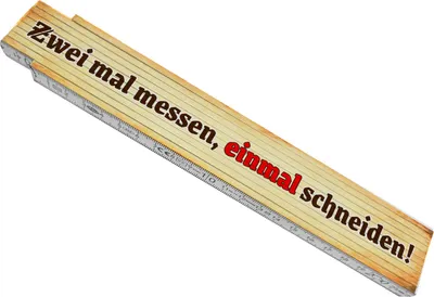 Produktbild von Meterstab aus Holz mit Spruch für Handwerker - Zwei mal messen, einmal
