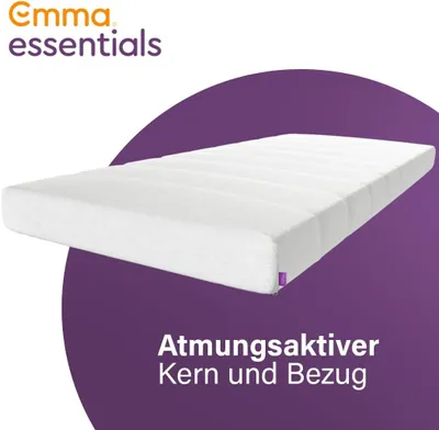 A white mattress is shown against a purple background with text.