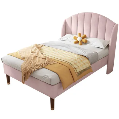 Produktbild von Polsterbett 90*200 mit Lattenrost und Kopfteil, Jugendbett, Einzelbett, Holzlattenunterstützung, Einfache Montage, Samt