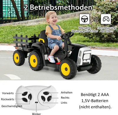 Produktbild von COSTWAY 12V 3-Gang Traktor mit abnehmbarem Anhänger und 2,4G Fernbedienung, Kinder Aufsitztraktor, für Kinder ab 3 Jahren (Schwarz)