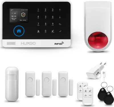 Produktbild von HUXGO HXA003 Alarmanlage Haus WiFi + GSM 2G mit Funk Sirene, Alarm System mit 1x Bewegungssensor und 3x Tür- Fenstersensor, Alarmanlage für Wohnung, Haus, Büro, Tuya Smartlife App