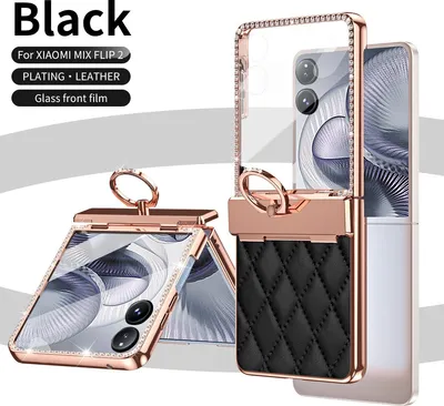 Obrázek produktu pro Pouzdro pro Xiaomi Mix Flip 2 s kroužkovým držákem, třpytivý lesklý kryt s ochranou pantů Černý
