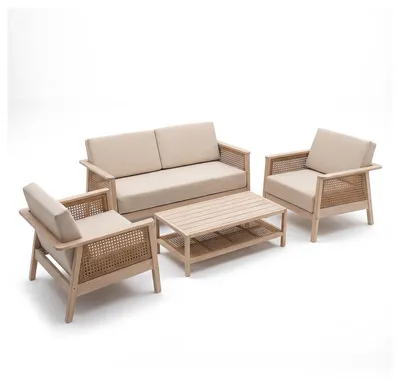 Produktbild von home24 Loungeset - 4-teilig - Akazie massiv / Webstoff - Braun / Beige