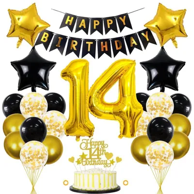 Zdjęcie produktu dla Zestaw dekoracji urodzinowych, 14 lat, czarno-złoty, 32 elementy: balony, dekoracje do tortu