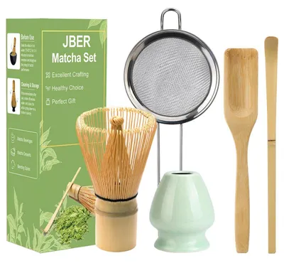 Produktbild von Matcha Besen Set 5-teilig - Bambus Schneebesen (100 Borsten), Keramik Halter, Sieb, Löffel - Grün