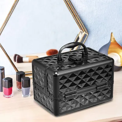 Immagine prodotto di Valigetta per cosmetici con specchio, beauty case per trucco in ABS e alluminio, 2 ripiani estraibili, valigetta a più ripiani ribaltabile e trasportabile, valigetta da parrucchiere, valigetta multiuso (nera)