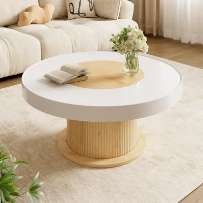 Produktbild von Merax Runder Couchtisch mit geriffelter Zylinderfuß, Beistelltisch aus MDF und PVC, moderner Wohnzimmertisch für kleine Räume, Weiß & Holzoptik