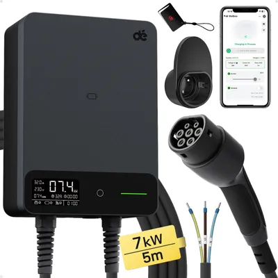 Produktbild von Wallbox-Ladestation für Elektrofahrzeuge - 7,4 kW - 5 m Ladekabel - 230 V einphasig - 6–32 A - WLAN-App - Typ 2 mit RCD