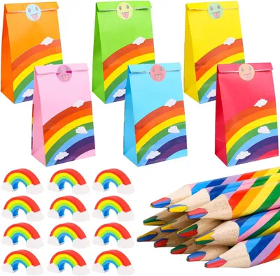 Productafbeelding van 36 regenboogpennen set, 12 regenboogpennen, 12 regenboogpapieren zakken kinderverjaardag, 12 regenbooggummen