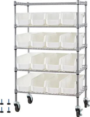 Obrázok produktu pre SucceBuy Stojaci regál s 5 úrovňami a 16 odkladacími boxmi, regál s kolieskami do garáže, skladu, kancelárie, reštaurácie, učebne a kuchyne, 610x355x1065 mm