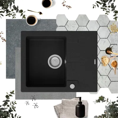 Produktbild von GRANMASTER Caro Spülbecken Küche - mit 1 Becken - Granitspüle mit Siphon Waschbecken Küche - Einbauspüle Arbeitsplatte Küchenspüle, Spüle Schwarz