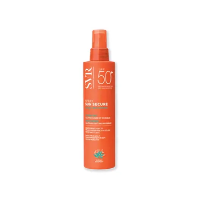 A product shot of an orange spray bottle with white and green text.