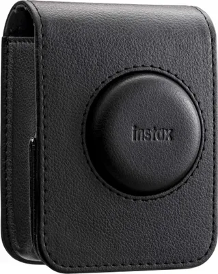 A black leather camera case for a Fujifilm Instax camera.