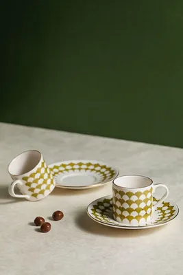 Produktbild von Hermia Concept, Hochwertiges Kaffeetassen-Set (4 Teile) - 100% Porzellan, Weiß/Gold/Grün