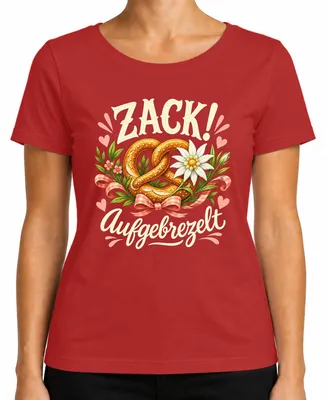Produktbild von Zack! Aufgebrezelt Wiesn Trachtenshirt Lederhose Wasen Damen T-Shirt, Rot, XL