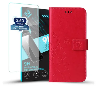 A red flip phone case with floral embossing and a screen protector are displayed against a white background.