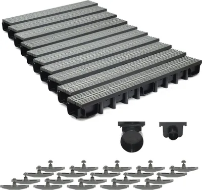 Produktbild von 10m Entwässerungsrinne für modulares System A15 98mm, komplett Stegrost Kunststoff, Grau Line