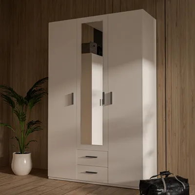 Produktbild von Forte TRAWEN Kleiderschrank 130 140, moderner Kleiderschrank, Flurschrank, Mehrzweckschrank, 3-türig, 2 Schubladen, Spiegel, Holzwerkstoff, Weiß, 133,2 cm breit x 210,5 cm hoch x 54,2 cm tief