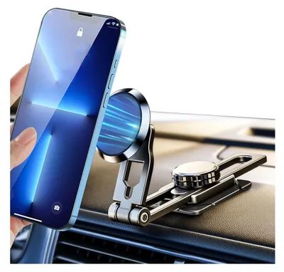 Image de Support universel pour téléphone de voiture - Magnétique - Rotation à 720 degrés - Pliable - Alliage d'aluminium - Noir - 1 pièce - Porte-téléphone
