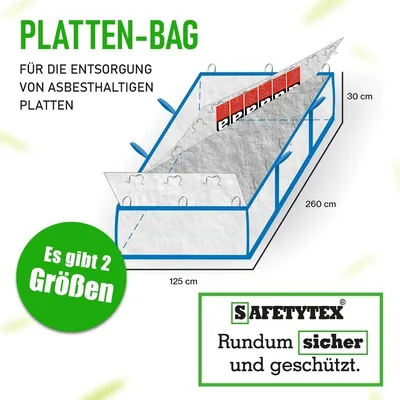 A diagram of a large bag for disposing of asbestos-containing materials, with dimensions and branding.
