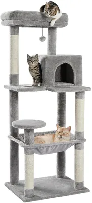 Produktbild von Kratzbaum für große Katzen – 143 cm hoch – stabil mit Katzenhaus und Hängematte – grau