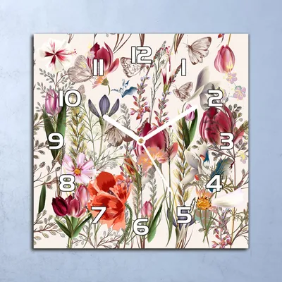 Produktbild von Deko Glasuhr Wanduhr 30x30 Bunte Wiese Blumen Quarz Küchenuhr Bürouhr
