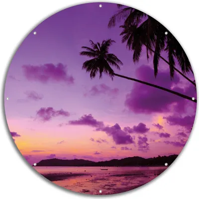 Produktbild von Wallario rundes Outdoor-Poster für Garten oder Balkon, Motiv Sonnenuntergang unter Palmen  Himmel in lila und orange, 60 cm Durchmesser