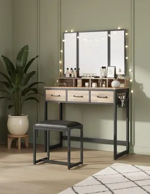 Immagine prodotto di Comodino industriale con specchio e tavolino, marrone-nero, 90 x 40 x 141 cm
