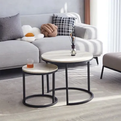 Imagen del producto de Conjunto de 2 mesas auxiliares redondas "Bolt Edge" – Estilo rústico – Blanco – 60/40 cm