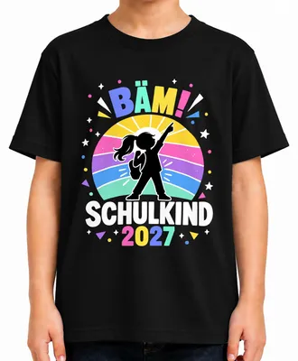 Obrázek produktu pro Tričko pro dívku, "Bäm Schulkind 2027", motiv "Duha", pro první den ve škole, barva černá, velikost 128