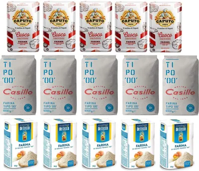 Produktbild von Testpaket Farina di Grano Tenero Caputo Cuoco - De Cecco - Casillo Weizenmehl Typ 00 Italienisches Mehl Pizzamehl Italian Flour ( 15 x 1Kg )