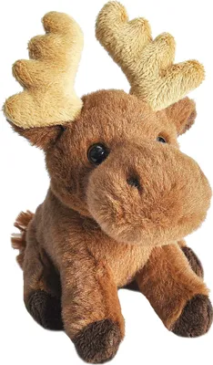 A plush toy moose is sitting and facing the camera.