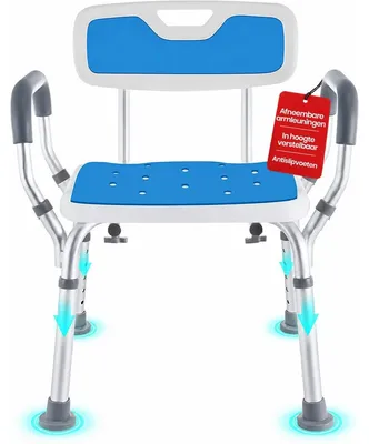 Produktbild von Duschstuhl Duschsitz Badhocker - Abnehmbare Rückenlehne und Armlehnen - 6 Höhenstufen - Weiß und Blau