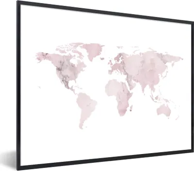 Produktbild von MuchoWow® Gerahmtes Poster Weltkarte - Rosa - Marmor 80x60 cm - Poster mit Schwarzem Bilderrahmen Wandposter Rahmen Foto Bilder - Schwarzem - Mit Gestell